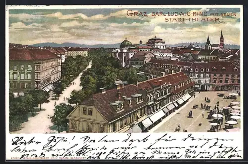 Lithographie Graz, Carl-Ludwig-Ring mit neuen Stadt-Theater