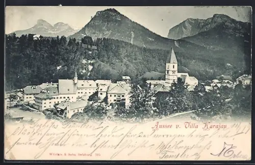 AK Aussee, Blick von der Villa Karajan auf den Ort, Alpenkette