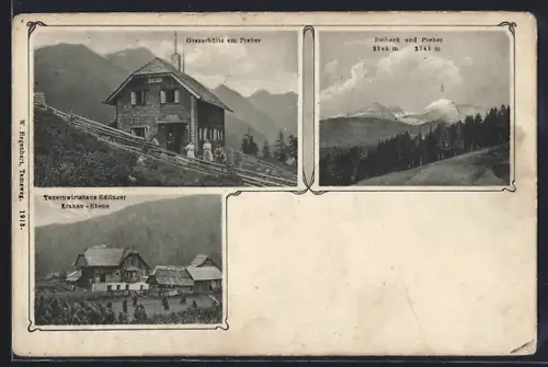 AK Graz, Gasthaus Edlinger in der Krakau-Ebene, Grazerhütte am Preber, Rotheck