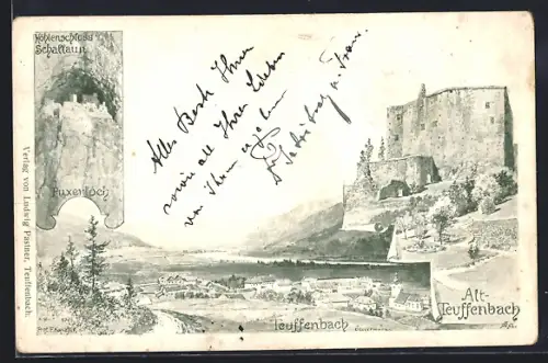 Künstler-AK Teuffenbach, Panorama mit Höhlenschloss Schallaun und Puxerloch