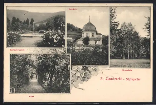 AK St. Lambrecht, Stiftsgarten, Springbrunnen, Rondelle, Birkenhain
