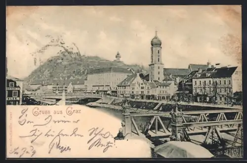 AK Graz, Partie an der Brücke mit Blick zur Kirche