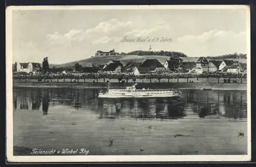 AK Winkel / Rheingau, Teilansicht, Graues Haus aus dem 9. Jahrhundert, Rhein, Schiff