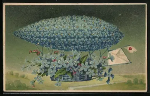 Künstler-AK Zeppelin aus Vergissmeinnicht und Brief