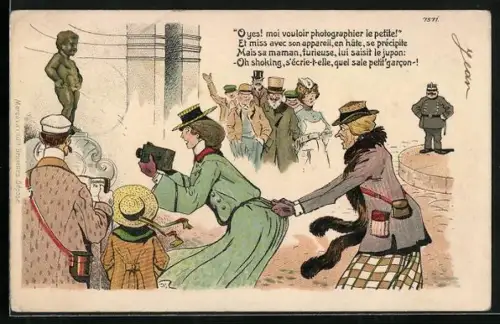 AK Brüssel, Dame mit Fotoapparat möchte eine Aufnahme von Männeken Pis machen, Toilettenhumor