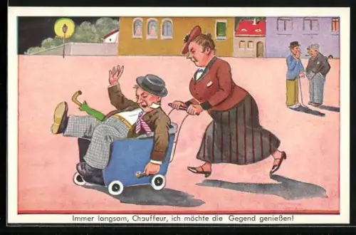 AK Frau fährt ihren betrunkenen Ehemann in einem Kinderwagen nach Hause