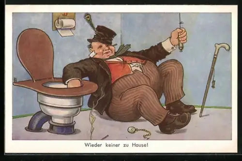 AK Wieder keiner zu Hause!, Betrunkener sitzt neben dem Klo, Trinkerhumor