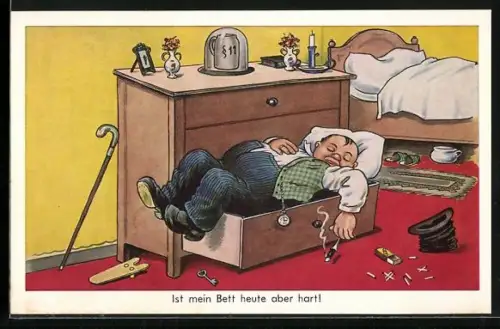 AK Betrunkener Mann schläft in Schublade, Ist mein Bett heute aber hart!