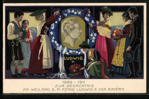 AK Frauen schmücken Gedenktafel König Ludwig II., Blumenkranz