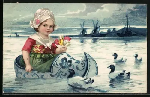 AK Mädchen schwimmt in einem niederländischen Holzschuh auf dem Wasser