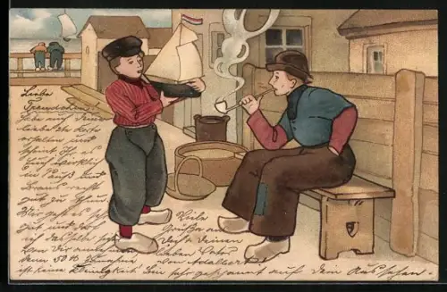 Lithographie Niederländische Strassenszene mit Knabe und Mann