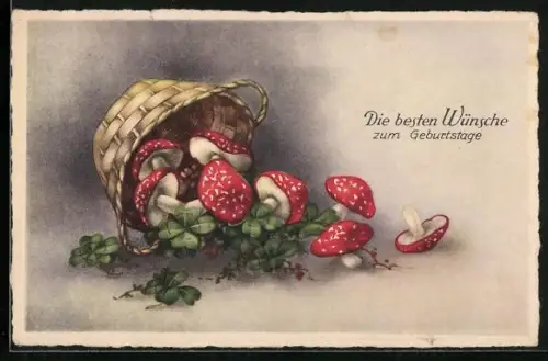 AK Neujahrsgruss, Korb voller Fliegenpilze & Kleeblättern