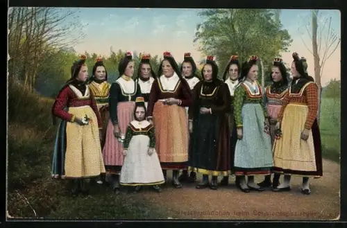 AK Hessenmädchen beim Sonntagsspaziergang, hessische Tracht