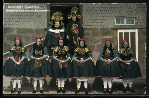 AK Schwälmer Brautpaar mit Brautjungfern, hessische Tracht
