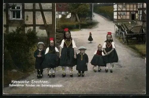 AK Schwälmer Kinder im Sonntagsstaat, hessische Tracht