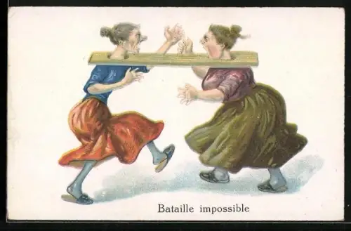 AK Frauen mit den Köpfen in Holzbrett gehen aufeinander los