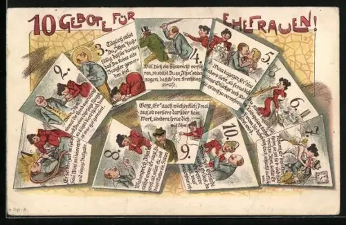 AK 10 Gebote für Ehefrauen, verschiedene Szenen eines Ehepaares