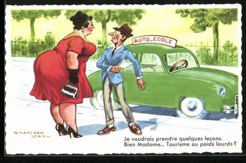 Künstler-AK Dicke Frau spricht mit einem Mann vor einem Auto