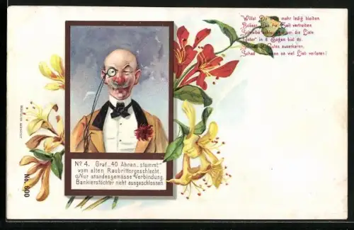 Lithographie Porträt eines Mannes mit Monokel, No. 4, Graf, 40 Ahnen...