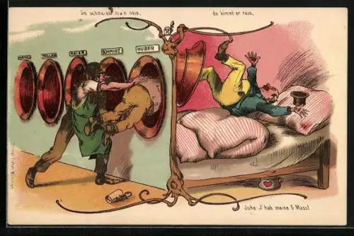 Lithographie Salvator, betrunken Männer werden durch Röhren in Bett geschubst, Trinkerhumor