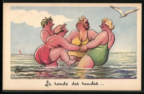 AK Vier übergewichtige Frauen beim Planschen im Meer