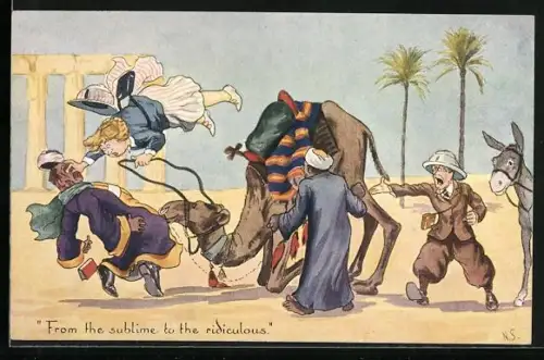 AK From the sublime to the ridiculous, Europäerin wird vom Kamel abgeworfen