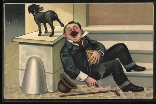 AK Hund pinkelt Mann in den Mund, Scherz, Toilettenhumor