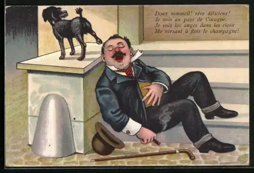 AK Hund uriniert zielgenau in den offenen Rachen eines schlafenden Trunkenbolds