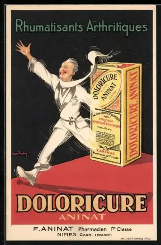 AK Reklame für Doloricure Aninat, Medikament gegen Rheuma und Arthritis, Herr läuft schnellen Schrittes