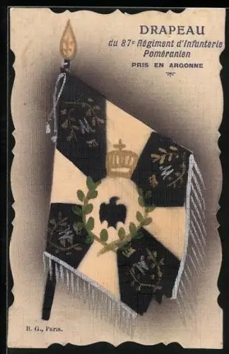 AK Drapeau du 87e Regiment d`Infanterie Pomeranien, pris en Argonne, Fahne