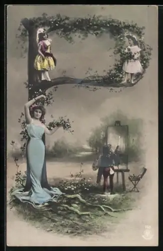 AK Junge Dame und Mädchen posieren am Buchstaben P