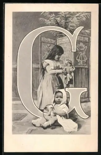 AK Kinder mit Puppe am Buchstaben G, Fotomontage