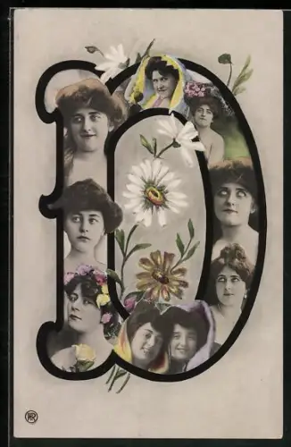 AK Buchstabe D, Mädchenköpfe, Blumen