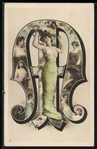 AK Buchstabe M, Mit eleganten Damen, Montage