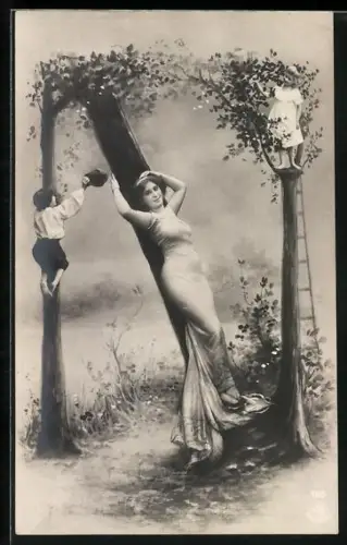 AK Buchstabe N als Baum, Maid und Kinder, Montage