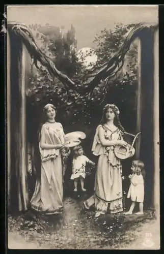 AK Buchstabe M als Baumstamm im Vollmondschein mit Mädchen, Harfe und Palette