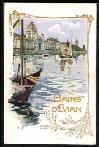 AK Evian-les-Bains, Panorama mit Segelbooten