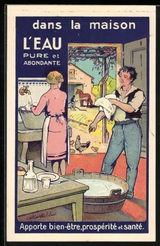 AK L`Eau dans la maison, Mann an der Waschschüssel, Reklame