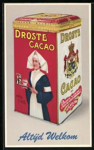 AK Cacao Droste, Dose mit Wappen und Frau mit Haube