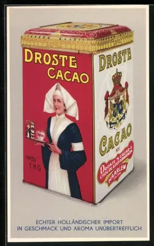 AK Cacao Droste, Dose mit Wappen und Frau mit Haube