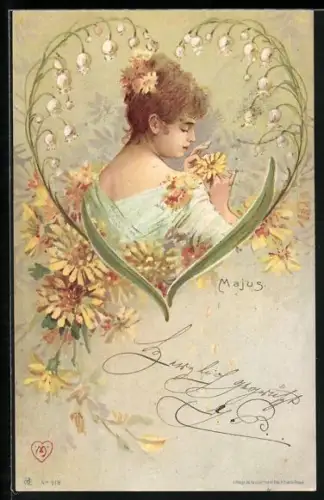AK Frau zählt Blumenblätter, Herz aus Maiglöckchen, Jugendstil