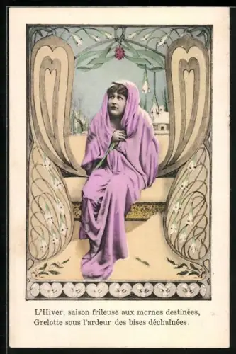 AK Jugendstil, Allegorie Winter, Frau sitzt in Decke gehüllt am Fenster