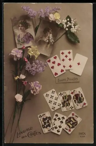 AK Kartenspiel, Blumen mit Frauenportraits