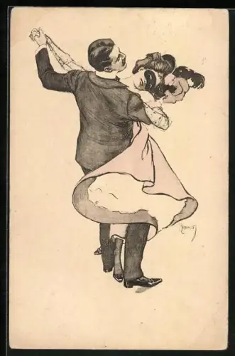Künstler-Lithographie Ferdinand von Reznicek: tanzendes Paar bei Maskenball