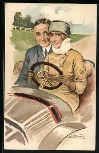 Künstler-AK Suzanne Meunier: Amours, Delices...et Autos, Paar fährt Auto