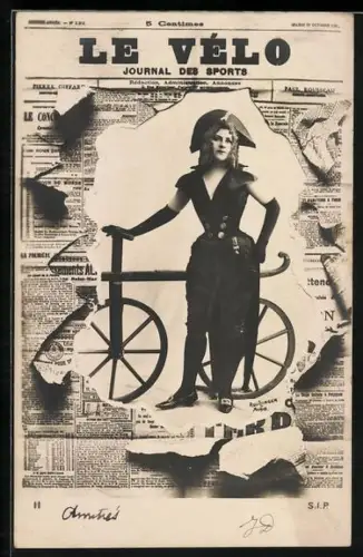 AK Zeitung Le Vélo, Journal de Sports, Frau mit Holz-Fahrrad