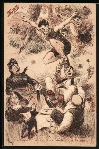 AK Männer stürmen beim Geländelauf durch eine Picknickgesellschaft, Reklame für Maggi