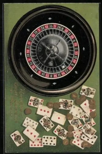 Präge-Lithographie Monaco, Roulette-Rad, Geldmünzen u. Spielkarten