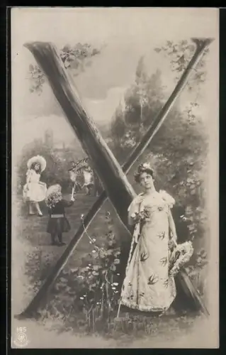 Foto-AK NPG NR: 195, Eine Junge Dame in schönem Kleid und zwei Kinder stehen nebem einem X aus Baumstämmen