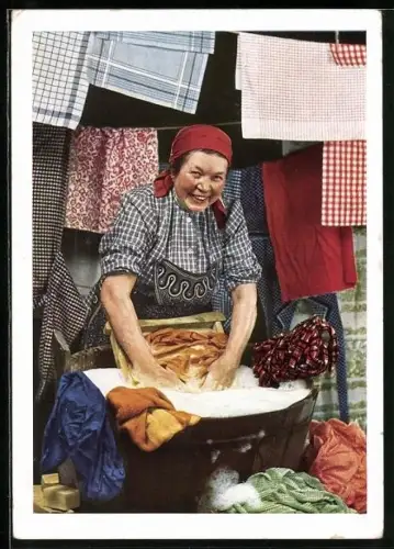 AK Reklame für Indanthren Wäschefarbe, Fröhliche Waschfrau